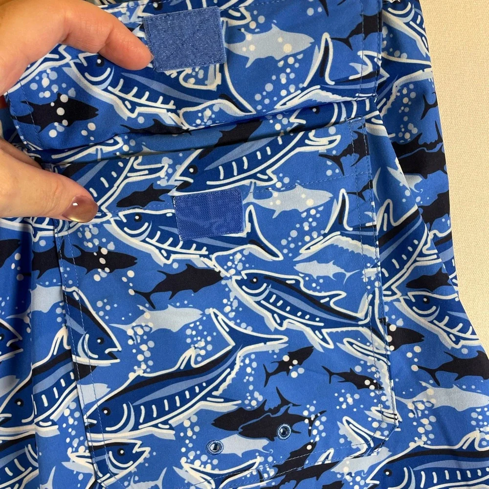 Vineyard Vines Chappy Swim Trunks 3XB Blue Fishing Print 7” NWT